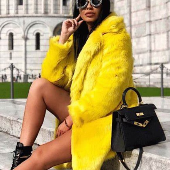 Jackets & Blazers - Yellow Long Sleeve Open Front Faux Fur Coat